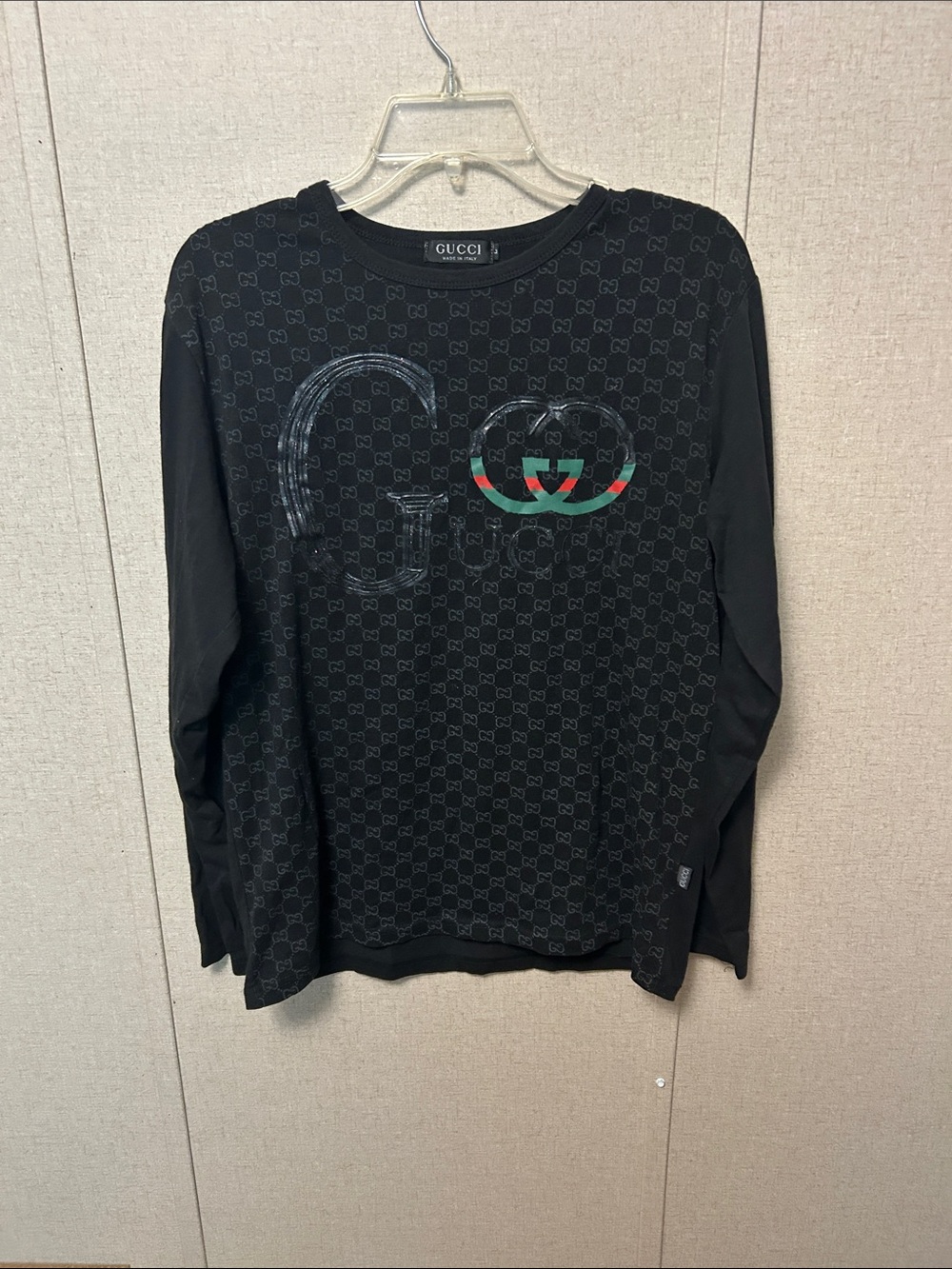 Gucci Black long  Sleeve Tee with Green & Red Logo Accent